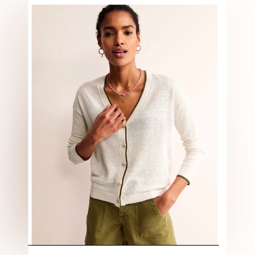 BODEN 100% Linen Maggie V Neck Cardigan Long Sleeve Cream Size XS
